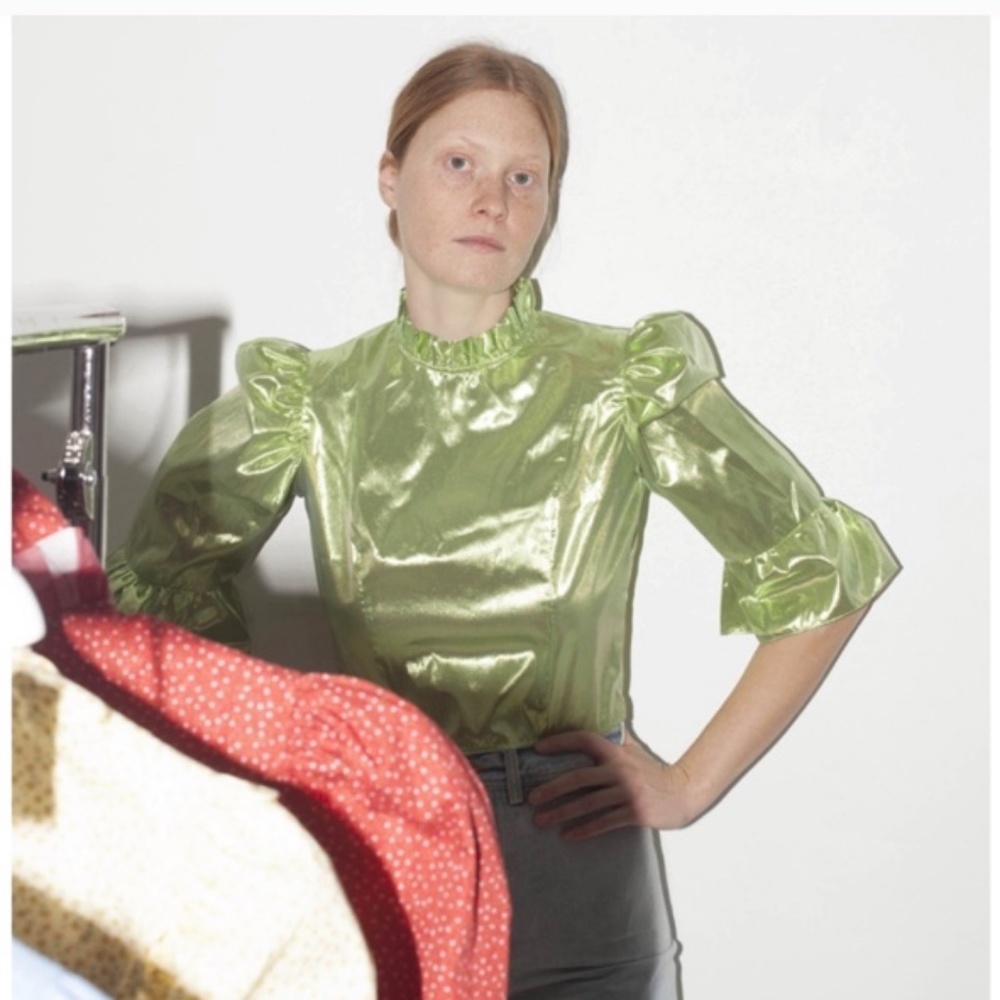 Batsheva Lamé Metallic Cropped Ruffle Blouse